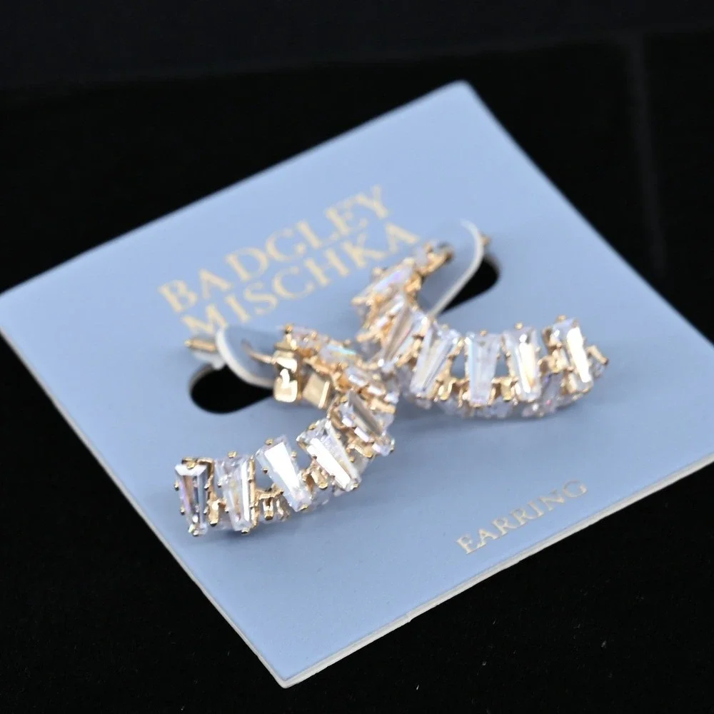 Badgley Mischka Gold Tone Baguette Cubic Zirconia Mosaic J-Hoop Earrings NWT